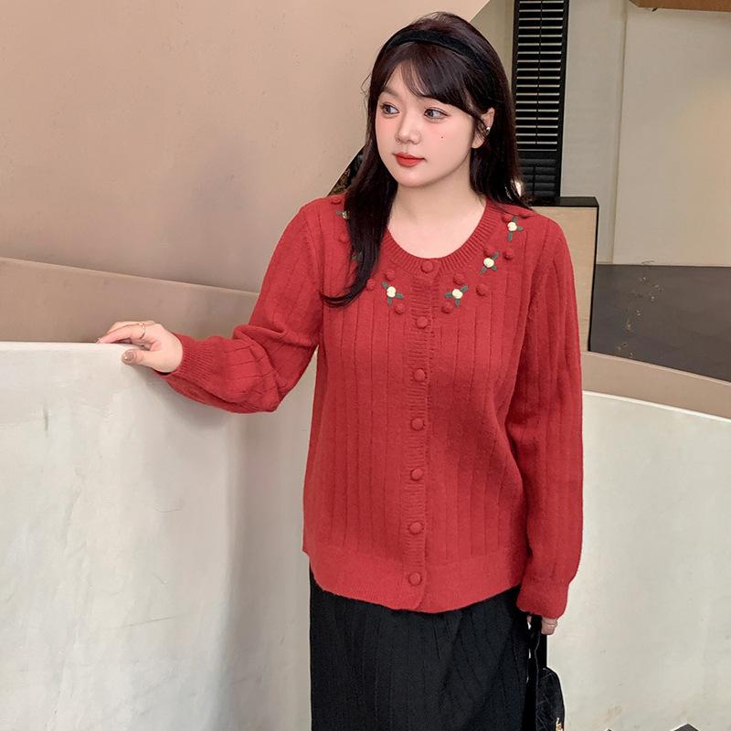 Större Storlek Tre-dimensionella Blommor Toppar Damtröja Höst och Vinter Casual Stickad Cardigan Ytterplagg