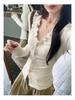 Korean Elegant Ruffle V-Neck Cardigan Women's Slimming Base Layer T-Shirt Top for Autumn/Winter