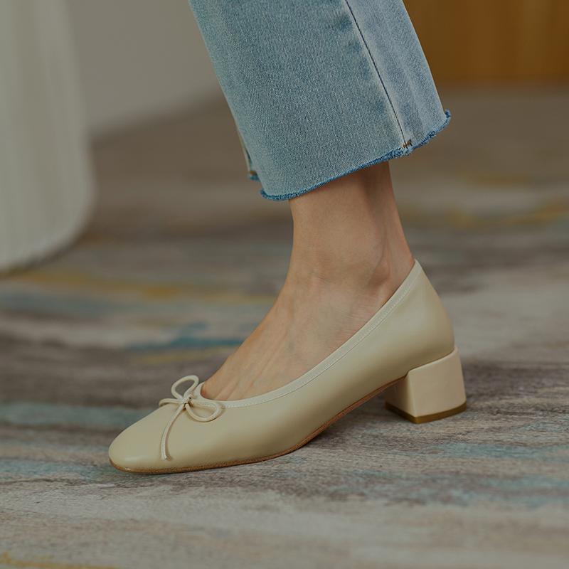 Fashion 2025 Genuine Leather Women Shoes Fashion Butterfly-knot Spring and Autumn Pumps Slip-On Casual Shoes Chunky Heel Size 34-40