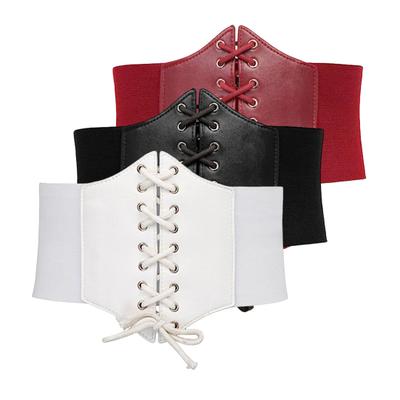 Women Corset Elastic Waistband Lace-up Wide Belt Solid Color Imitation Leather Outfits Dresses Tops Waist Cincher