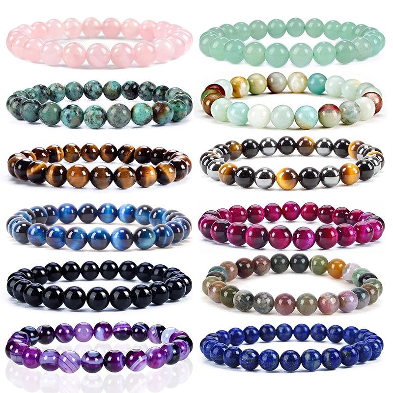 8mm Tiger Eye Crystal & Agate Beaded Bracelet - Handmade Elastic String