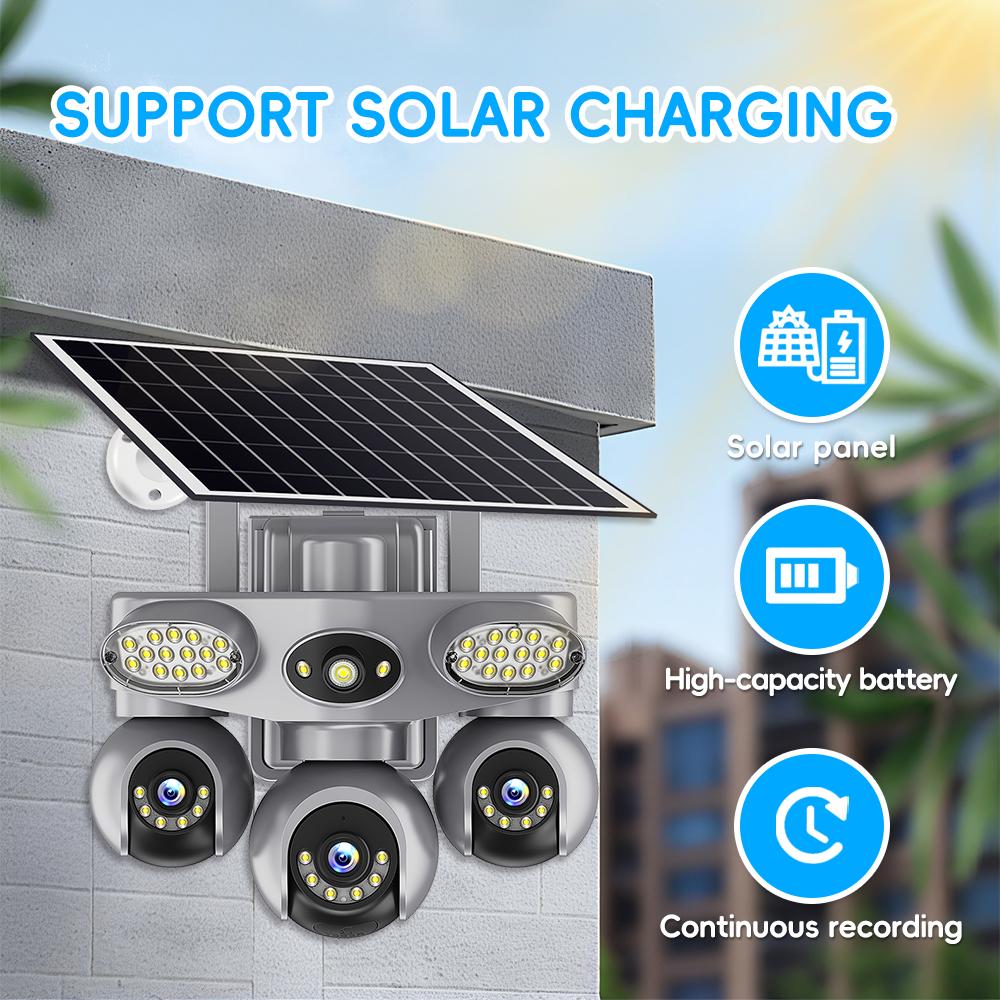 Solar PTZ Camera – 4G/WiFi Outdoor Security with 3-Screen View, Optional LED Light, 2-in-1 Surveillance & Night Lighting