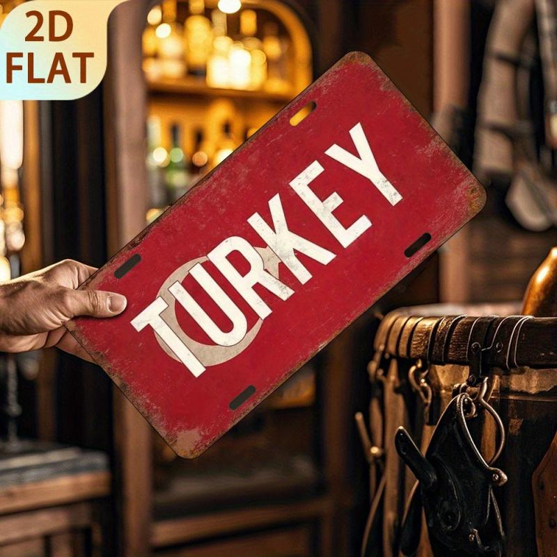 2D Flat - 1pc Vintage "Turkey" Metal Sign - 6x12 Inch, Rustic Aluminum Wall Decor Plaque with Red Background & White Text