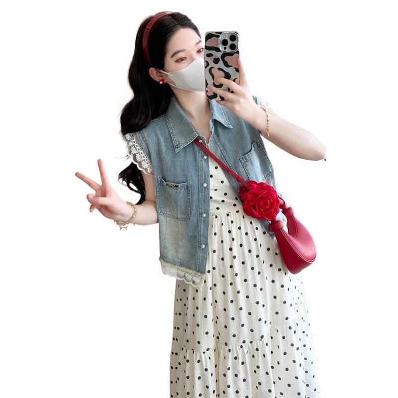 Korean Style Maternity Two-Piece Set: Lace Patchwork Denim Vest with Polka Dot Camisole Dress