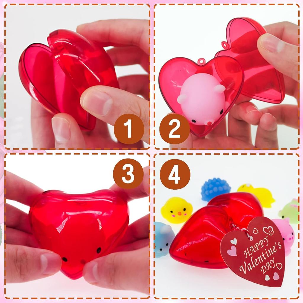 30 Pack Kids Valentines Party Favors Set 30 Mochi Squishy Toys Red Heart Plastic Box with Valentine Cards for Kids Boy Girl Valentine Gifts School