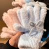 Women Plush Knitted Gloves Sweet Bowknot Autumn Winter Thicken Warm Full-fingers Mittens Girl Student Cycling Cold-proof Gloves
