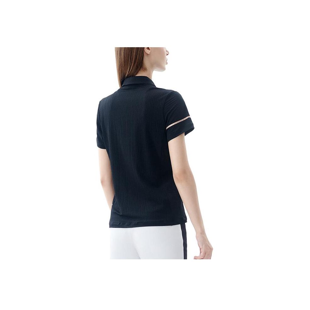 Fila Solid Color Logo Slim Fit Half Zip Short Sleeve Polo Shirt Women Tops Black A11W225128FBK