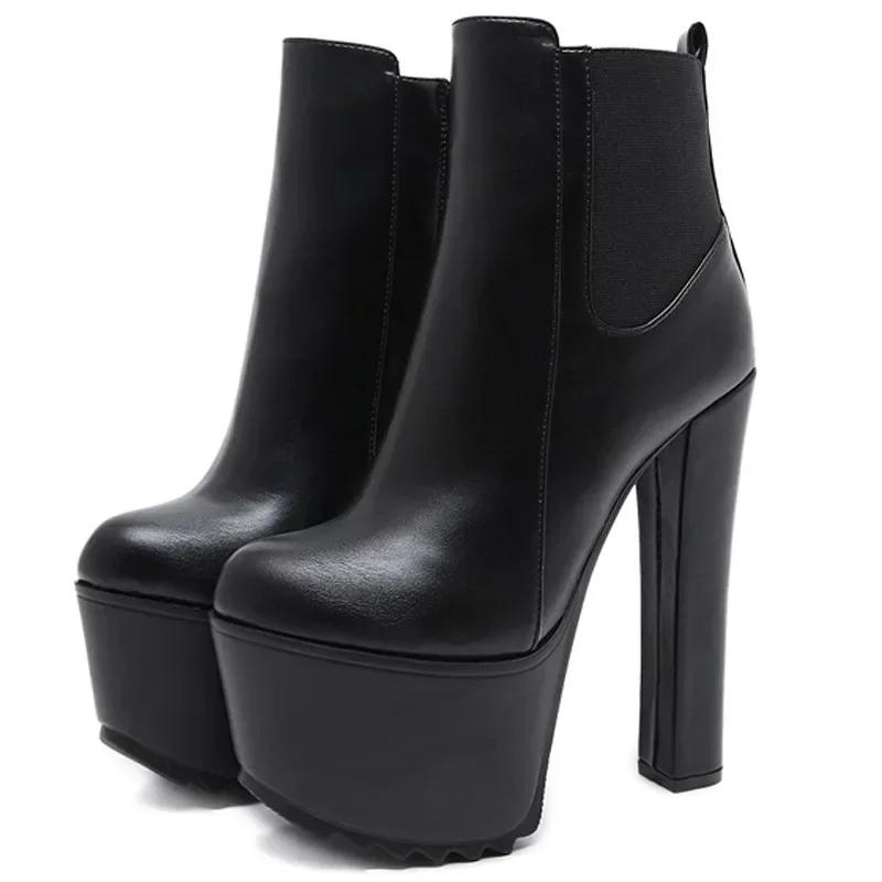 16CM Tykke Høyhælte Sko Dame Plattform Elastisk Bånd Glidelås i Siden Chelsea Støvletter Svarte Ankelstøvletter Zapatos Para Mujeres