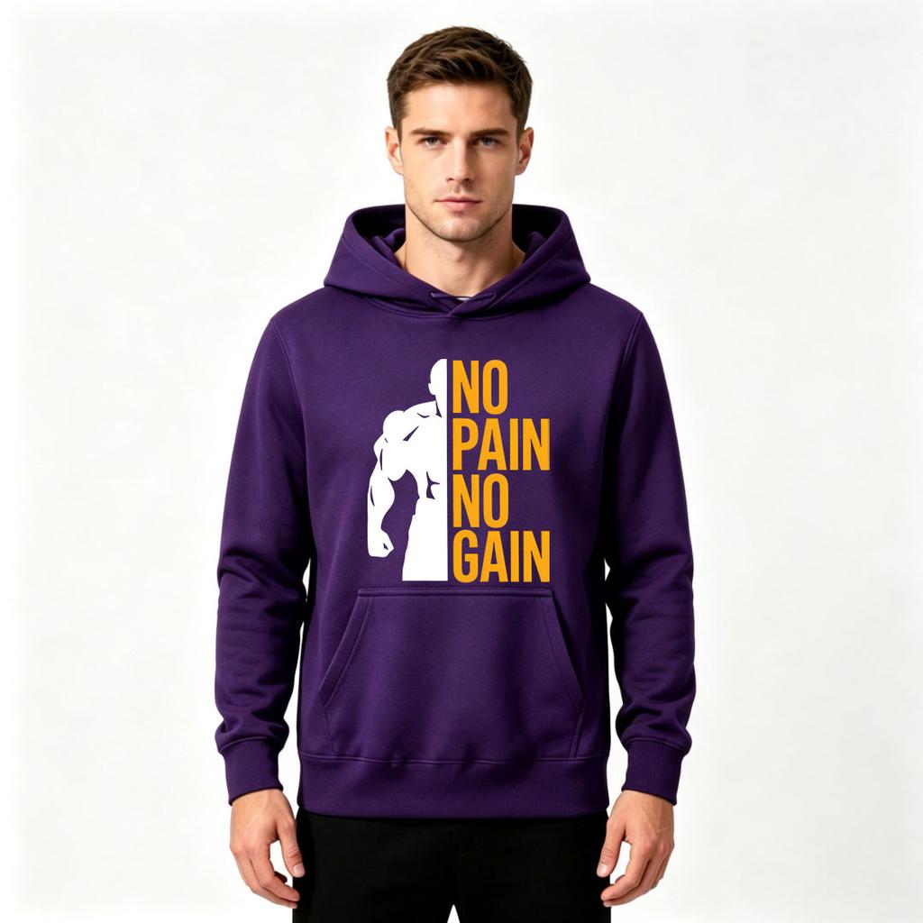 Men's No Pain No Gain Print Pullover Hoodie Casual Long Sleeve Athletic Sweatshirt for Men