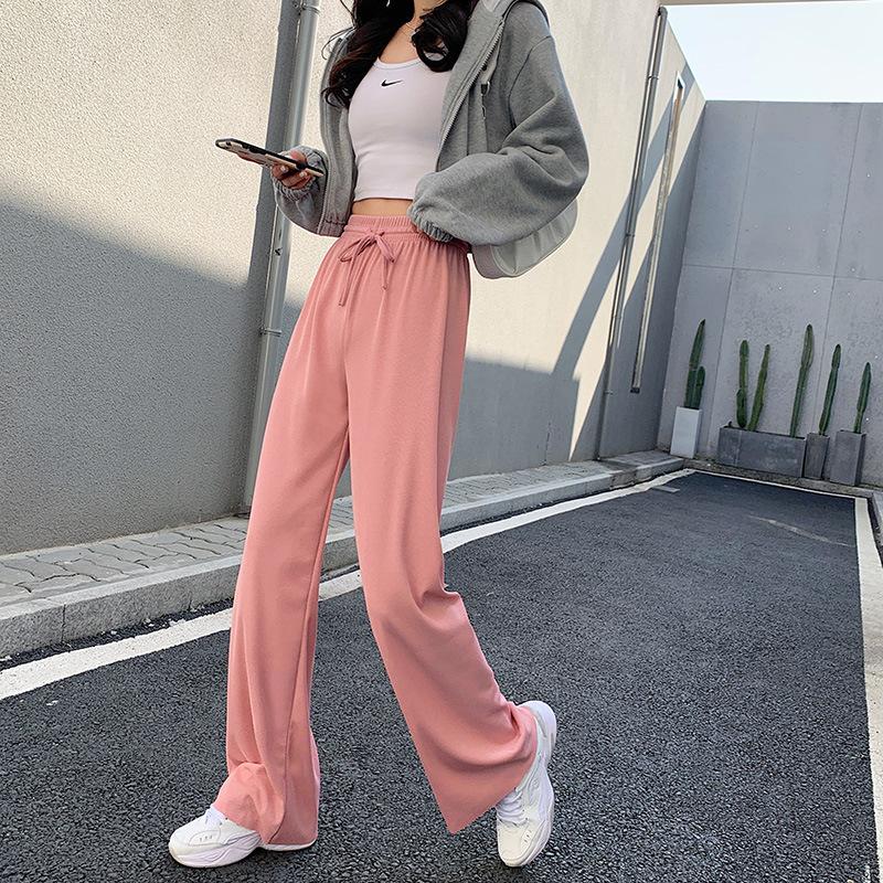 Summer Ladies Ice Silk Light Wide Leg Trousers Girl Solid Color High Waist Loose All-match Straight Casual Pants