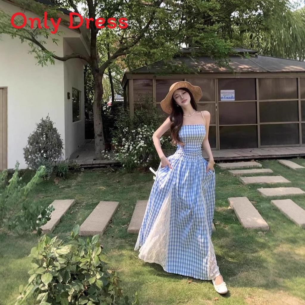 Polyester Lace Beach Dress With Spliced Design For Summer Vacation And Sunset Walks