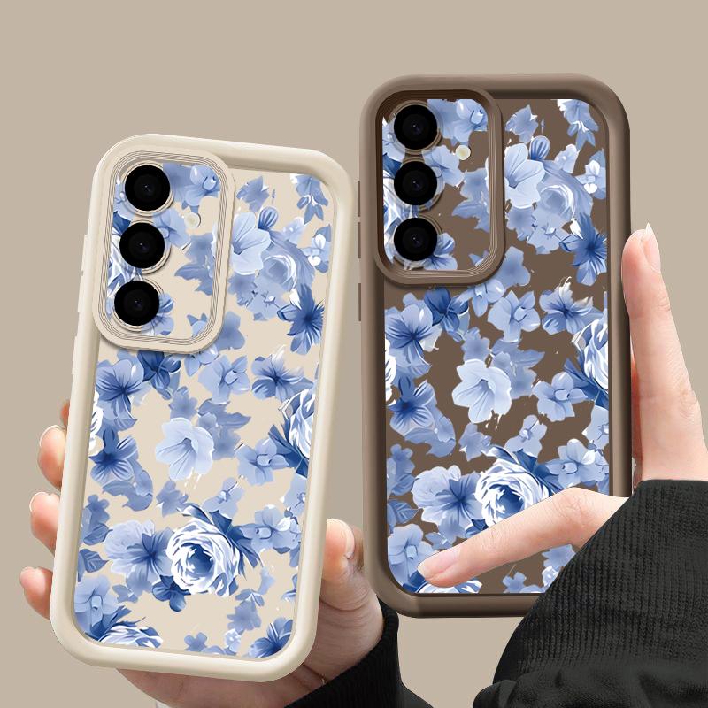 Blue Flower Pattern Soft Phone Case For Samsung Galaxy S26 S25 S24 S23 S22 S21 Ultra S25 Edge S24 S25 FE S22 Plus TPU Back Cover