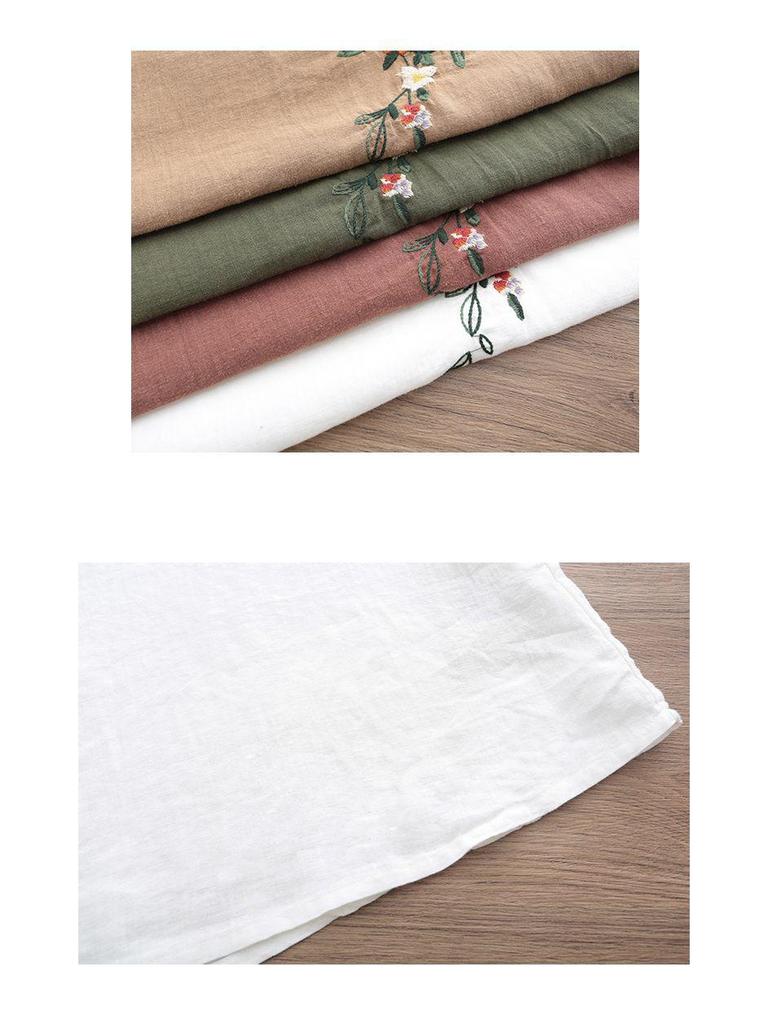 Women's Retro Korean Style Plus Size Embroidered Cotton Linen T-Shirt