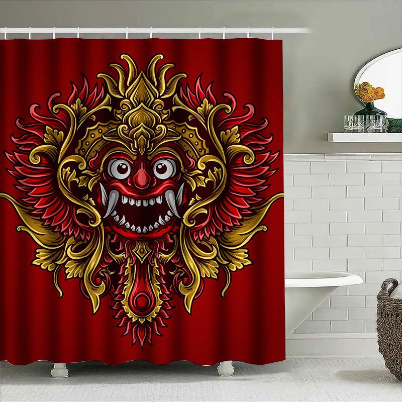 

Tuniu Balinese Demon Mask Shower Curtain Red Gold Decorative Wall Hanging Bathroom Decor W60H190(CM)-1 Pcs