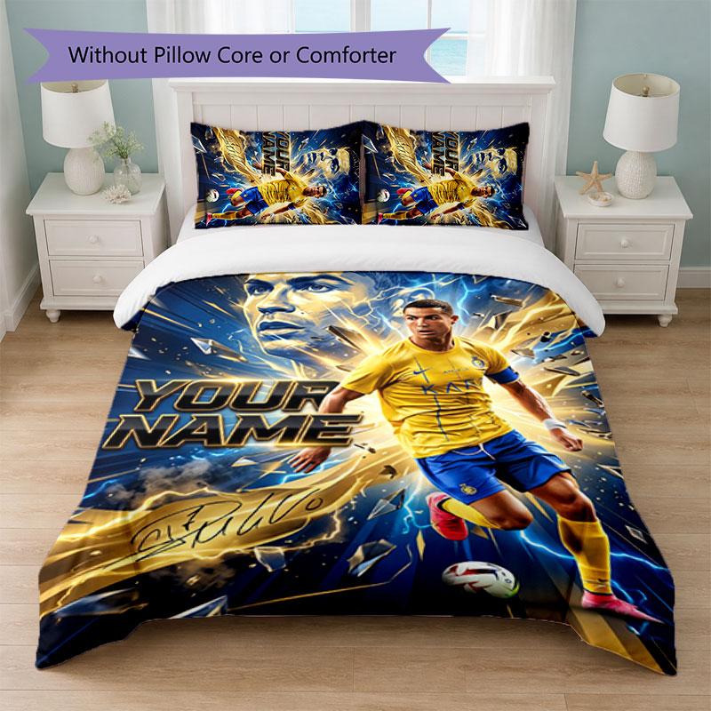 Set Biancheria da Letto Personalizzato Cristiano Ronaldo con Nome Testo 1 Copripiumino+2 Federe Logo Calcio Regalo Personalizzato per Occasione Speciale Arredamento Camera da Letto