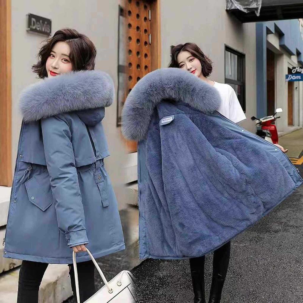 2025 Winter Women's Mid-Length Fur Collar Cotton Coat with Velvet Padding
