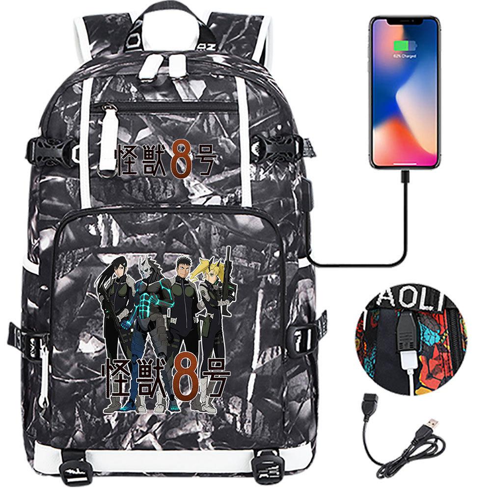 Kaiju No. 8 Printed USB Port Backpack Youth Student School Bag Large Capacity Travel Daypack