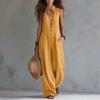 2026 Amazon Independent Site Bestseller Women's Casual Stand Collar Single-Breasted Sleeveless Textured Cotton-Linen Long Jumpsuit