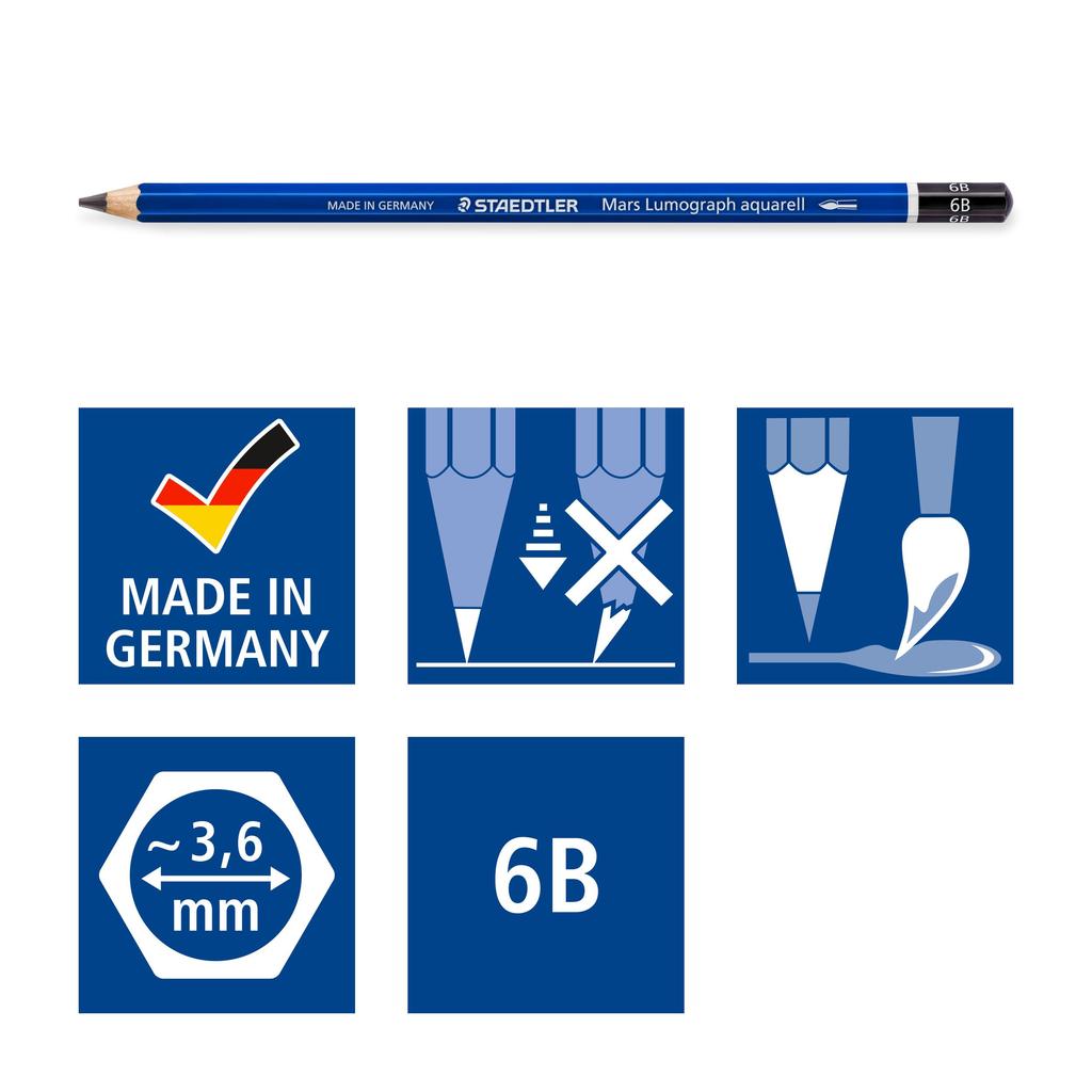 Staedtler Pencil 4B 6B 8B Mars Lumograph Aquarell Watercolor Pencil 6 Pack with Brush 8 100A G6 Sumi-e No.