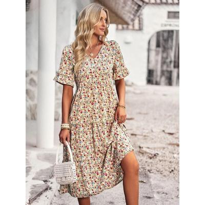 Abito Estivo da Donna con Scollo a V Elegante Stampato Manica Corta Vita Alta A Linea Floreale Vacanza
