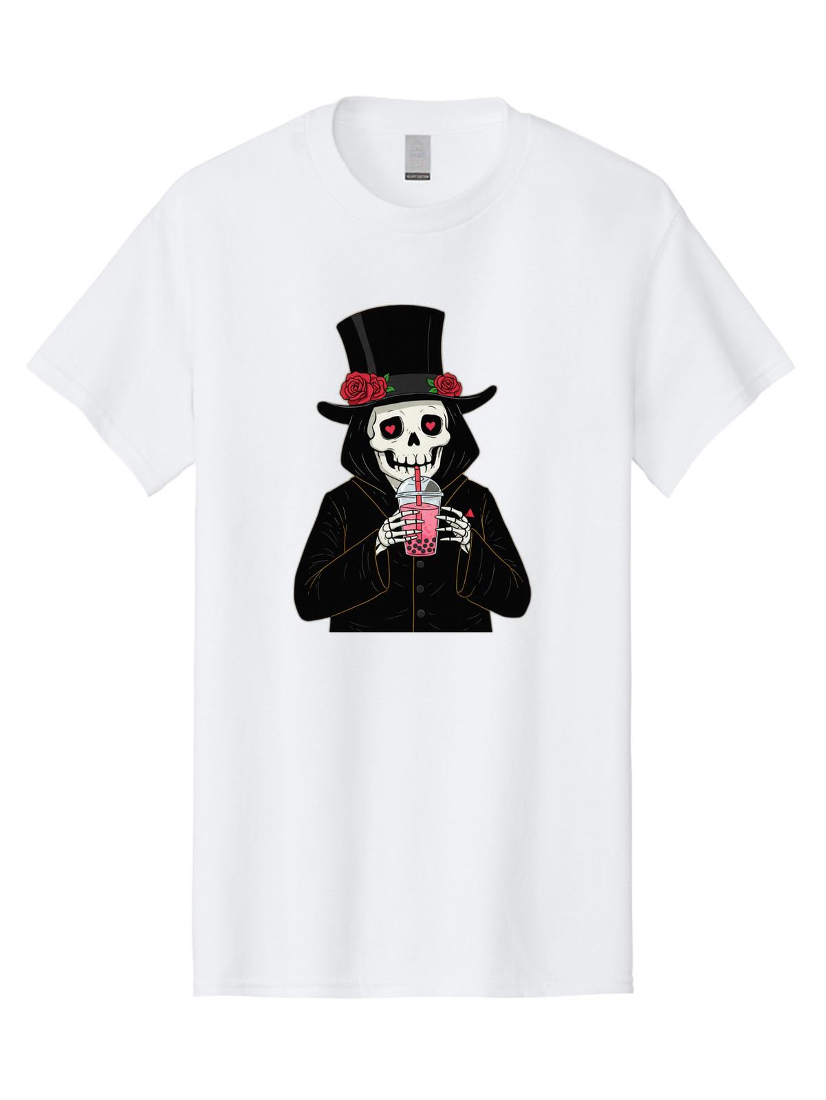 Skeleton-On-Hat-Drinking-Boba Mens Graphic Tee, 100% Cotton, Casual Summer Wear S