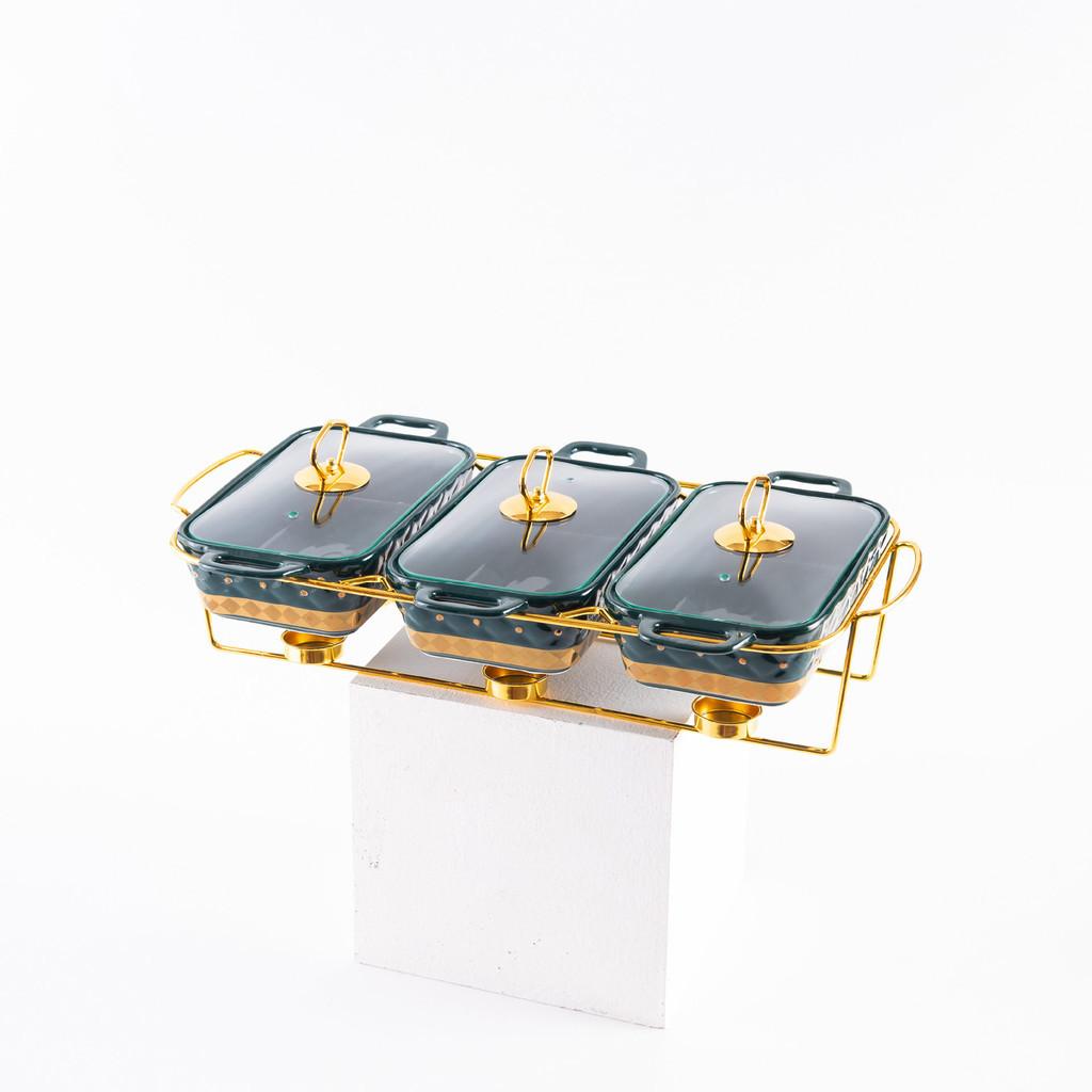 Three-grid Rectangular Ceramic Plate Soup Pot Metal Shelf Hotel Restaurant Hand-Colored Soup Pot Dry Pot Tableware Set