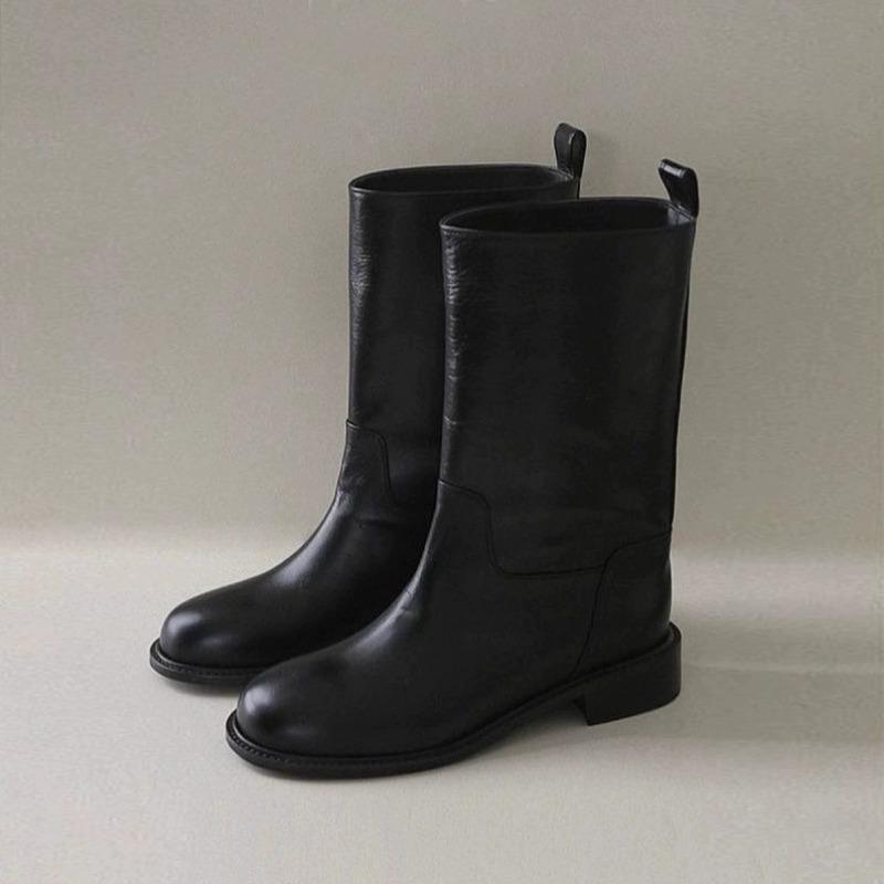 Cowhide retro premium wide leather western boots thick heel medium tube knight short boots women's autumn and winter Martin boots