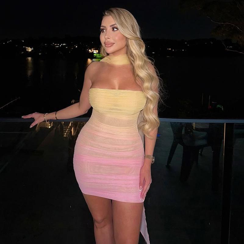 European and American women's clothing summer new casual gradual change printed mesh yarn streamer tube top tight short dress