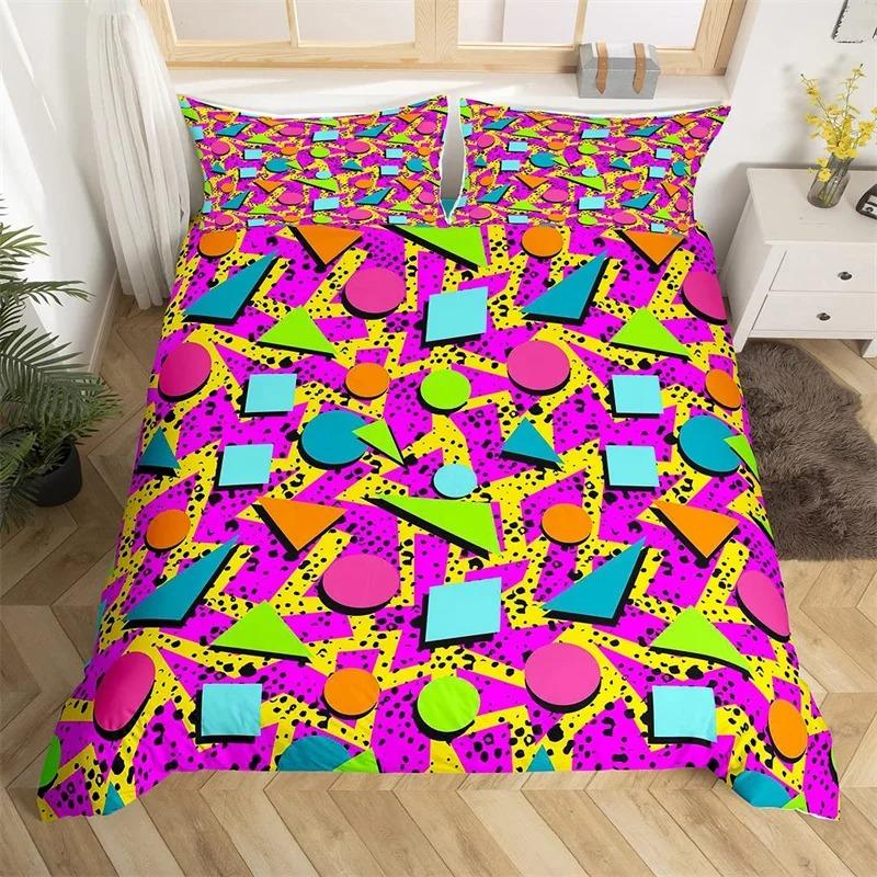 Psychedelische 3D Geometrische Bettbezug Mikrofaser Bunt Pop Art Queen Size Retro 80er Jahre Bettwäsche Set