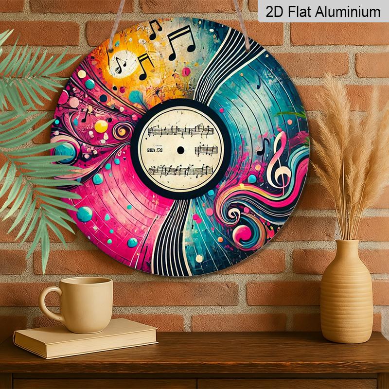 2D Flat, 1pc Vibrant Vinyl Record Round Aluminum Metal Sign, Abstract Music Notes & Swirl Art Design, Durable Weatherproof Wall Decor, Perfect for