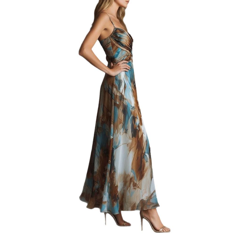 European and American new fashionable and elegant printed dress, sexy suspender waist elegant beach dress