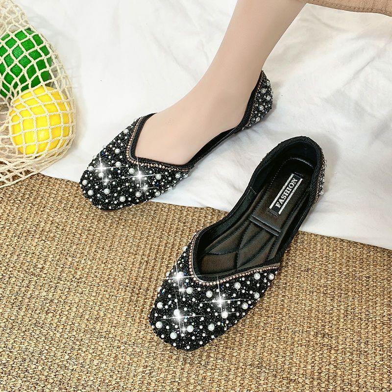 Fashion sparkling rhinestone shallow mouth square head single shoes versatile flat-bottomed temperament women's shoes 2025 spring and summer new model