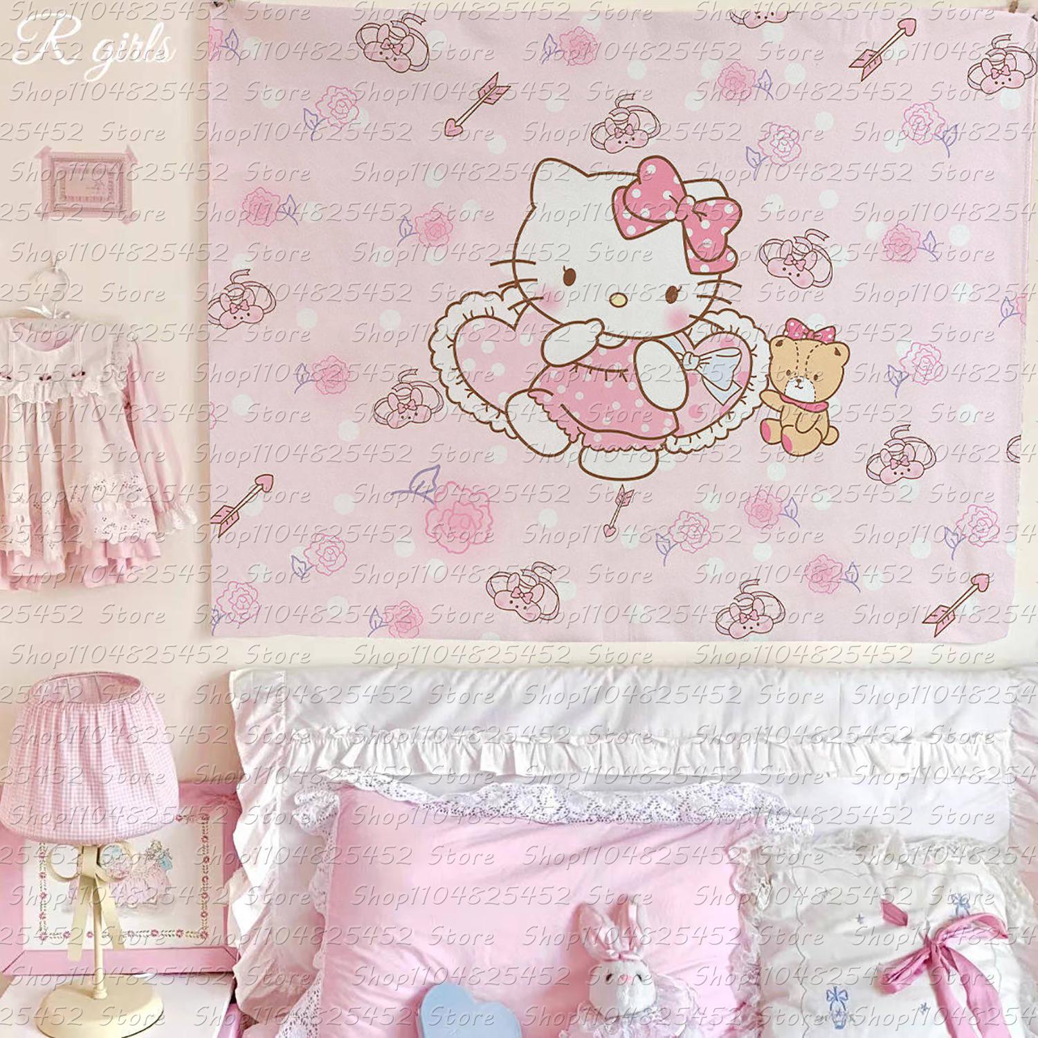 Kawaii hello Kitty Home Decor Wall Hanging Tapestry Cute Home Decor Tapestry Anime Pink Girl Tapestry Cute Girl Tapestry 74x94cm(29x37in)
