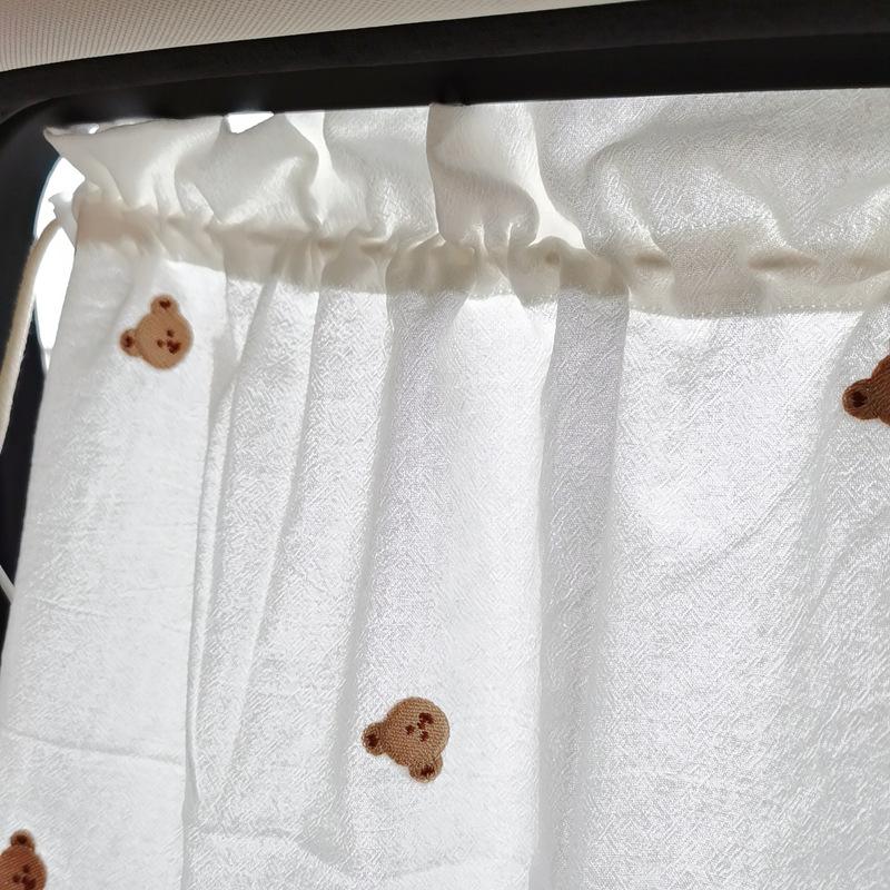 Korean Style Spring Summer Cartoon/Floral Embroidery Cotton Car Sunshade Cover PomPom Trim Kids Travel Privacy Protector