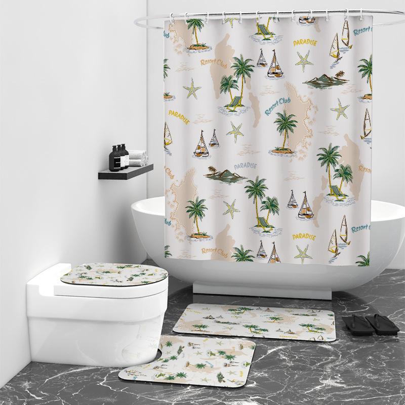 Tropical Palm Leaf Digital Printing Shower Curtain Bathroom Non-Punching Partition Curtain