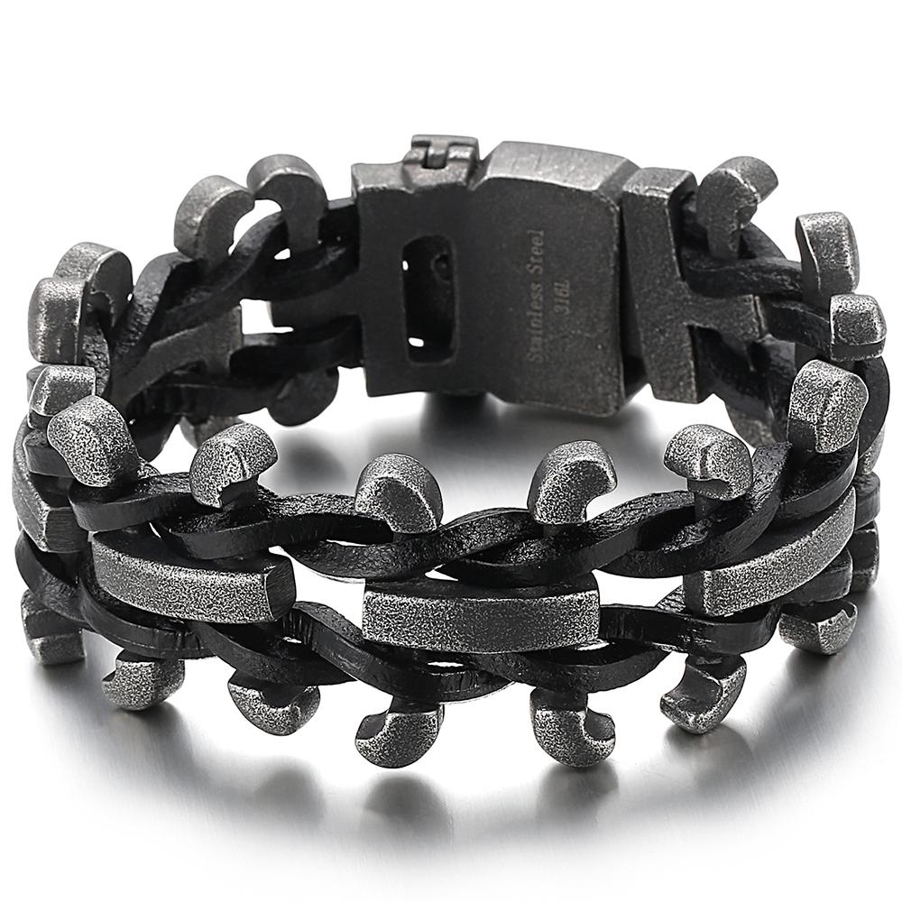 Men's Leather Bracelet Gothic 30MM Width Chain Bracelet With Belt Buckle Hip Hop Stainless Steel Wristband Adjustable Wrap Cuff Bangle