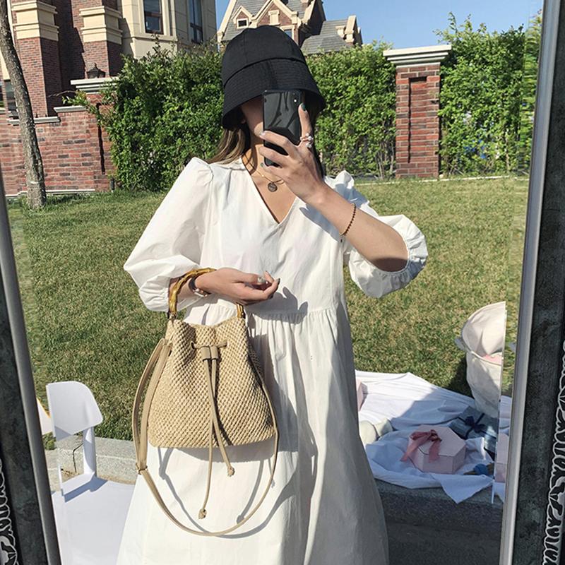 Bolso de hombro tipo cubo femenino de paja de ratán de verano hecho a mano, de gran capacidad, de tela, para playa, con asa superior de madera, tipo bandolera