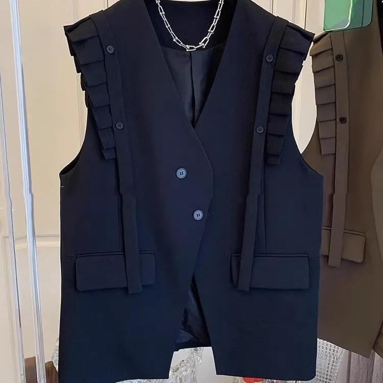 

Женский весенне-осенний однотонный жилет в стиле темперамент со сращиванием, свободный повседневный топ средней длины 3XL чёрный