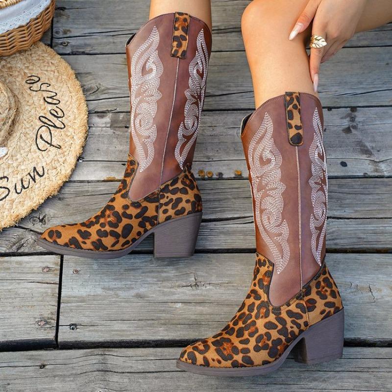 Women's Mid-Calf Boots Classic Embroidered Western Cowboy Boots Leopard Print Design Thick Heeled Boot Knee High Boots for Women