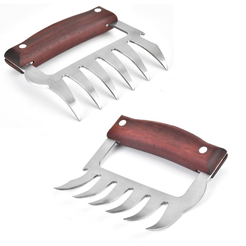 BBQ Accessories 2pcs BBQ Fork Claws Meat Shredder Heat Resistant Stainless Steel Meat Claws for Shredding Meat with Wood Handle