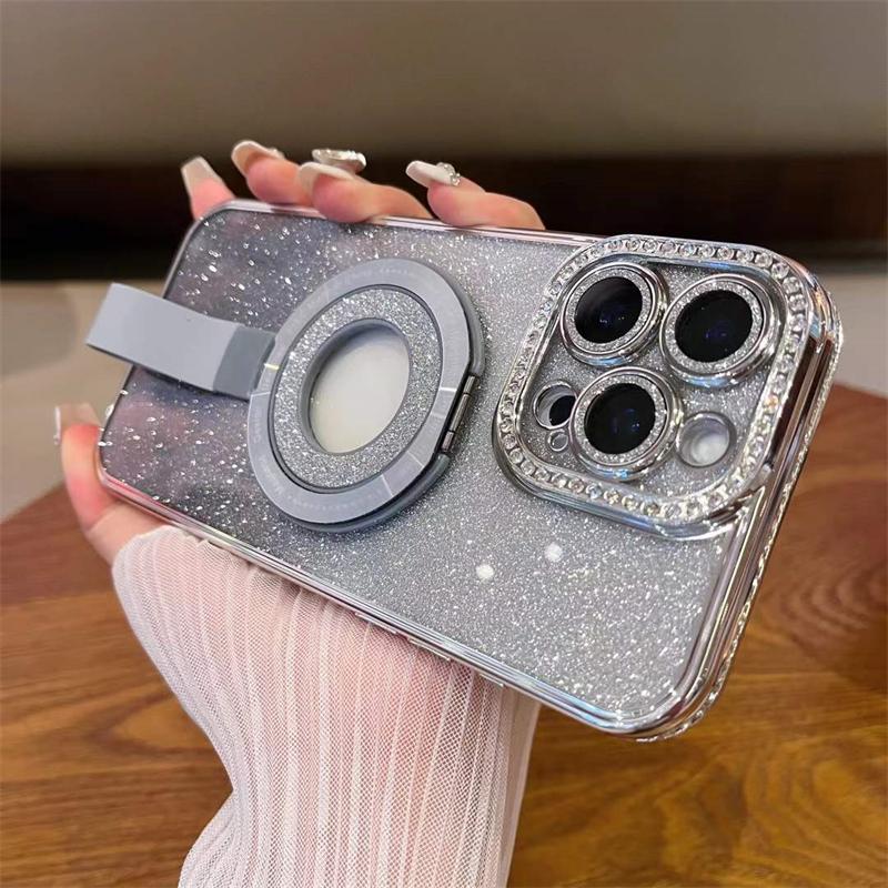 

Роскошный чехол Diamond Magsafe Holde Glitter Hollow Logo Case для iPhone 16 15 Pro Max 14 Plus 13 12 11 Pro противоударный прозрачный чехол iPhone 16 Pro Max серебряный