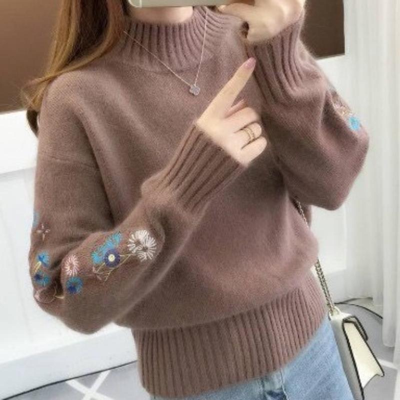 Women Knitted Sweater Floral Embroidery Thick Sweater Pullovers2023 Autumn Winter New Long Sleeve Turleneck Sweaters