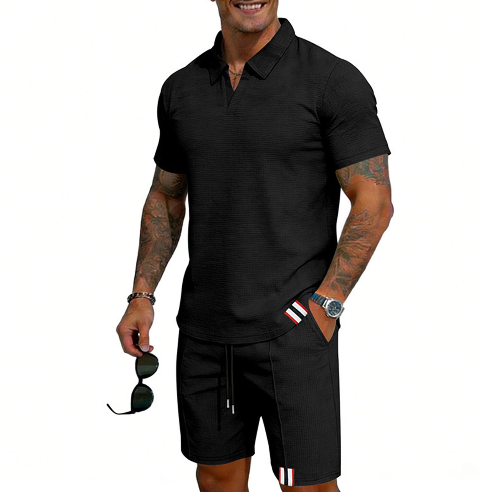 Men s Knit American Seagull Collar Casual Set L чёрный