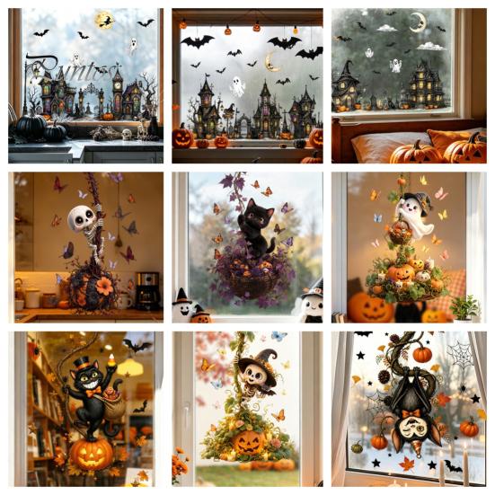 Seasonal Room Accents Halloween Window Static Sticker, Ghost Castle Black Cat Print Decals, Cartoon Patterns Waterproof PVC Cling for Home Holiday
