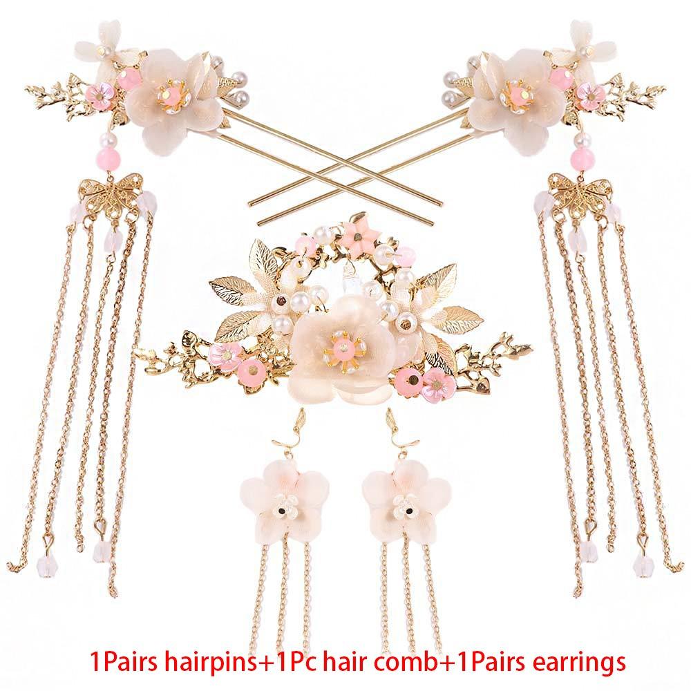 Headpiece Handmade Tassel Flower Fashion Long Hair Comb Headwear Sets Earrings Hanfu Hair Stick