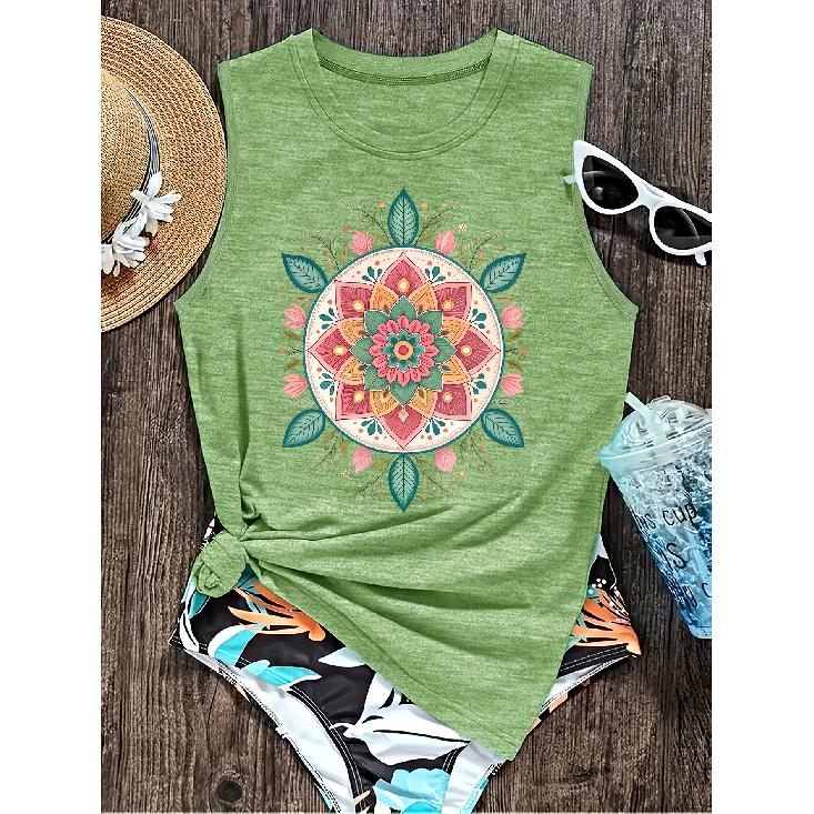 Elegant Vest for Women Bohemian colorful floral mandala print casual loose summer vest Fashionable and elegant tops for commuting, vacation, and