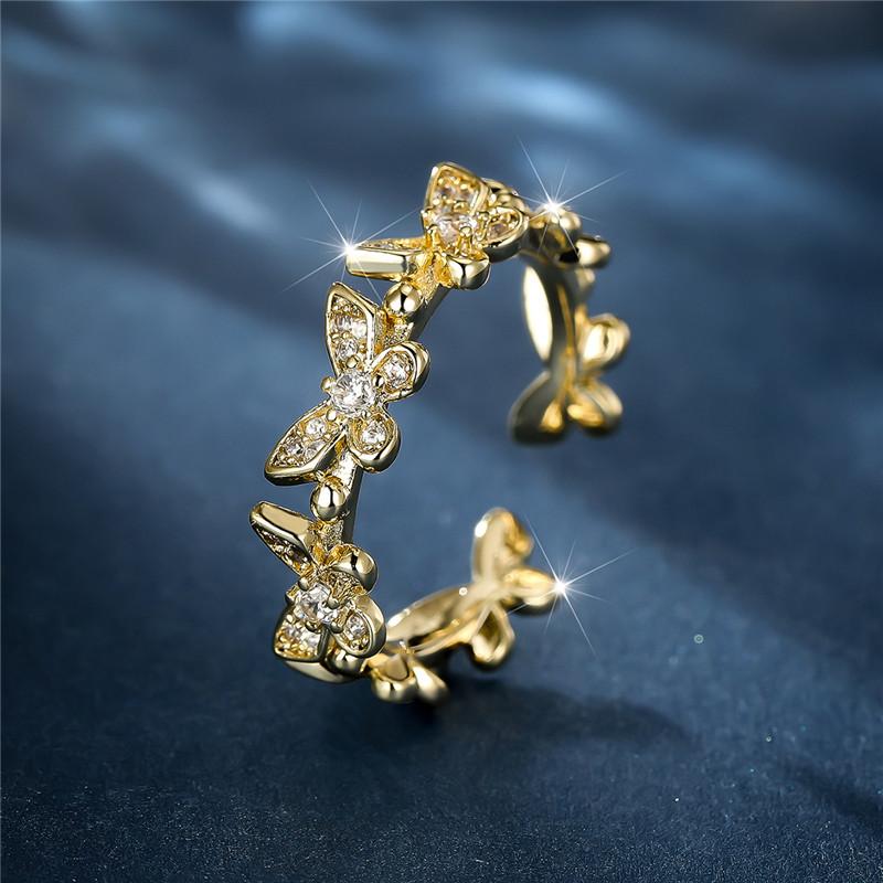 Cute Female Small Green Butterfly Adjustable Ring Vintage Yellow Gold Color Engagement Wedding Jewelry For Women