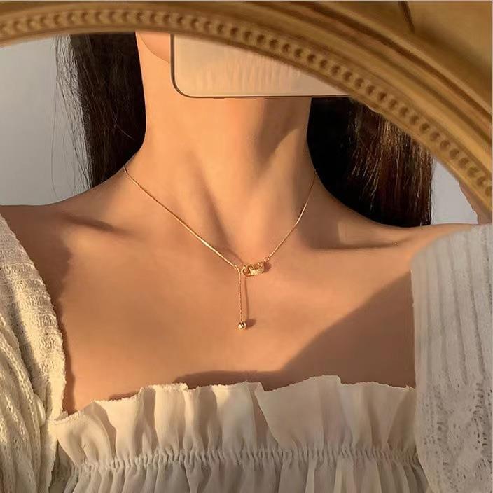 925 Round Bead Sparkling Diamond Double Ring Necklace with Tassel Design Fashion Collarbone Chain
