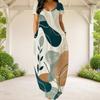 Women Plus Size Round Neck Short Sleeve Abstract Printed Loose Maxi Dress With Side Pockets