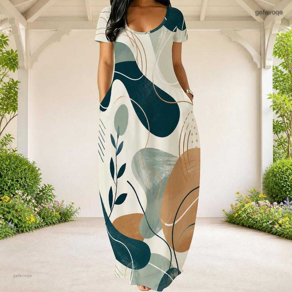 Women Plus Size Round Neck Short Sleeve Abstract Printed Loose Maxi Dress With Side Pockets